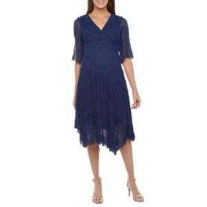 Rabbit Rabbit Rabbit navy blue lace 3/4 sleeve pleated a-line midi dress 8
 b25